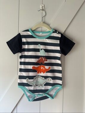 Striped Dinosaur Short Sleeve Bodysuit in Navy, White & Teal